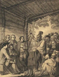 Indianie rozmawiają z pułkownikiem Bouquet na konferencji podczas pożaru Rady w pobliżu jego obozu nad brzegiem Muskingum w Ameryce, październik 1764, 1765