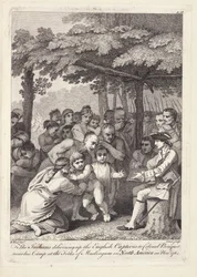 Indianie dostarczający angielskich jeńców pułkownikowi Bouquetowi w pobliżu jego obozu w Forks of Muskingham w Ameryce Północnej w listopadzie 1764 roku