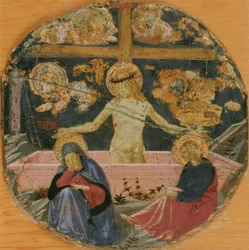 Przypisywany Benozzo Gozzoli - Człowiek Boleści z Opłakującą Dziewicą, św. Janem Ewangelistą i symbolami Męki Pańskiej, ok. 1447 r.
