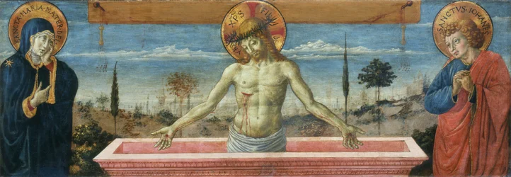 Mąż boleści między Dziewicą a św. Janem Ewangelistą, 1469-1474 .