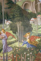 Anioł zbierający kwiaty w niebiańskim krajobrazie, fragment z cyklu Podróż Trzech Króli w kaplicy, ok. 1460, fragment fresku z 70615