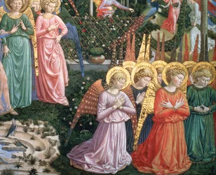 Anioły w niebiańskim krajobrazie, lewa ściana absydy, z cyklu Podróż Trzech Króli w kaplicy, ok. 1460, detal fresku z 70610