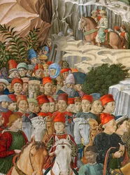 Twarze w procesji, w tym autoportret autorstwa Gozzoli (w czerwonej czapce ze złotym napisem: Opus Benotii), fragment z cyklu Podróż Trzech Króli w kaplicy, ok. 1460 (d