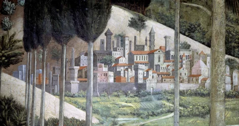 Średniowieczne miasto, detal z cyklu Podróż Trzech Króli w kaplicy, ok. 1460 r. (fresk)