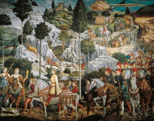 Procesja Trzech Króli do Betlejem, autorstwa Benozza Gozzoliego (1420-1497), fresk, tempera i olej na ścianie, kaplica Palazzo Medici Riccardi, Florencja