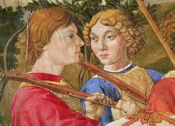 Procesja Trzech Króli, procesja prowadzona przez Wawrzyńca Wspaniałego w postaci maga Kacpra, fragment głów dwóch kuszników, 1459-1462