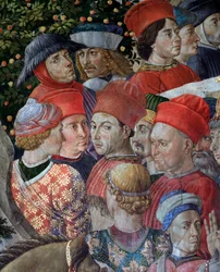 Podróż orszaku Trzech Króli z Jerozolimy Betlejem „Viaggio dei Magi” lub „Cavalcata dei Magi” (szczegóły twarzy w orszaku Trzech Króli) Fresk Benozzo Gozzoli (1420-1497)