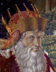 Podróż Trzech Króli. Orszak Trzech Króli z Jerozolimy w Betlejem zwany „Viaggio dei Magi” lub „Cavalcata dei Magi” po włosku. Detal przedstawiający Józefa Patriarchę Konstantynopola w latach 1261-1276. Fresk Kaplicy Trzech Króli autorstwa Benozzo di