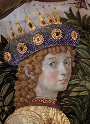 The Voyage of the Magi Cortege des rois mages de Jerusalem Betlejem nazywa po włosku „Viaggio dei Magi” lub „”Cavalcata dei Magi” Szczegół młodego maga w obliczu Laurenta Wspaniałego (Laurent de Medici) (Pochód Magowie, szczegół t