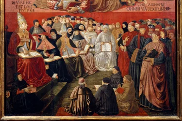 Triumf św. Tomasza z Akwinu (1225-1274) Detal przedstawiający papieża Sykstusa IV (1414-1484) przewodniczącego soborowi w obecności św. Tomasza z Akwinu i św. Bonawentury (którego powołał). Obraz Benozzo di Lese di Sandro dit Benozzo Gozz