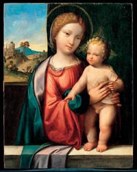 Dziewica z Dzieciątkiem (Madonna z Dzieciątkiem) - Obraz Benvenuto Tisi da Garofalo (Il Garolafo) (1481-1559), olej na drewnie, 47,5x37,5 cm