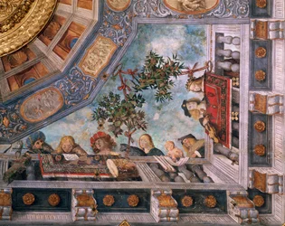 Panie, muzycy i amorki na balkonie, fragment fresku na suficie autorstwa Garofalo (1481-1559), pokój skarbca, pałac Ludovico il Moro lub pałac Costabili, Ferrara, Włochy