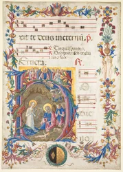 Pojedynczy liść z antyfonarza: Initial H[odie nobis] z Narodzenia Pańskiego, 1471.
