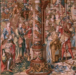 Flamandzki gobelin. Seria Honory. Wiara (La Fe). Pierwszy gobelin z serii. Wzorcowi rysownicy z kręgu Bernarda van Orleya i Jana Gossaerta (Mabuse). Manufaktura Pieter van Aelst, Bruksela. Około 1550. Tkanina Złoto, srebro, jedwab i wełna.