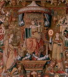 Flamandzki gobelin. Seria Honory. Wiara (La Fe). Pierwszy gobelin z serii. Wzorcowi rysownicy z kręgu Bernarda van Orleya i Jana Gossaerta (Mabuse). Manufaktura Pieter van Aelst, Bruksela. Około 1550. Tkanina Złoto, srebro, jedwab i wełna.