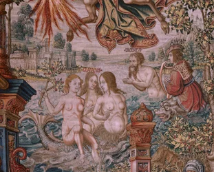 Flamandzki gobelin. Seria Honory. Sława (La Fama). Trzeci gobelin w serii. Wzorcowi rysownicy z kręgu Bernarda van Orleya i Jana Gossaerta (Mabuse). Manufaktura Pieter van Aelst, Bruksela. Około 1550. Tkanina Złoto, srebro, jedwab i wełna.