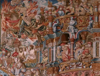 Flamandzki gobelin. Seria Honory. Sława (La Fama). Trzeci gobelin w serii. Wzorcowi rysownicy z kręgu Bernarda van Orleya i Jana Gossaerta (Mabuse). Manufaktura Pieter van Aelst, Bruksela. Około 1550. Tkanina Złoto, srebro, jedwab i wełna.
