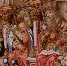 Flamandzki gobelin. Seria Honory. Honor (El Honor). Drugi gobelin w serii. Wzorcowi rysownicy z kręgu Bernarda van Orleya i Jana Gossaerta (Mabuse). Manufaktura Pieter van Aelst, Bruksela. Około 1550. Tkanina Złoto, srebro, jedwab i wełna.