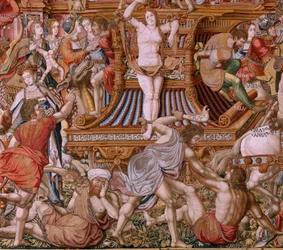 Flamandzki gobelin. Seria Honory. Niesława (La Niesława). Szósty gobelin w serii. Wzorcowi rysownicy z kręgu Bernarda van Orleya i Jana Gossaerta (Mabuse). Manufaktura Pieter van Aelst, Bruksela. Około 1550. Tkanina Złoto, srebro, jedwab i wełna.