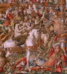 Flamandzki gobelin. Seria Honory. Niesława (La Niesława). Szósty gobelin w serii. Wzorcowi rysownicy z kręgu Bernarda van Orleya i Jana Gossaerta (Mabuse). Manufaktura Pieter van Aelst, Bruksela. Około 1550. Tkanina Złoto, srebro, jedwab i wełna.