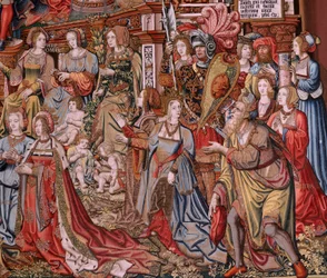 Flamandzki gobelin. Seria Honory. Sprawiedliwość (La Justicia, Los Honores). Dziewiąty gobelin w serii. Wzorcowi rysownicy z kręgu Bernarda van Orleya i Jana Gossaerta (Mabuse). Manufaktura Pieter van Aelst, Bruksela. ok. 1550. Tkanina Złoto, srebro,
