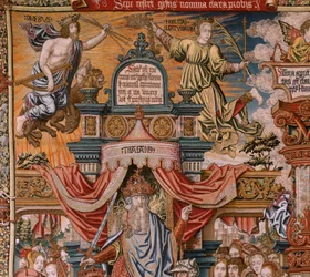 Flamandzki gobelin. Seria Honory; Szlachta (La Nobleza). Czwarty gobelin w serii. Wzorcowi rysownicy z kręgu Bernarda van Orleya i Jana Gossaerta (Mabuse). Manufaktura Pieter van Aelst, Bruksela. Około 1550 r. Tkanina Złoto, srebro, jedwab i wełna