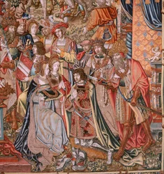 Flamandzki gobelin. Seria Honory; Szlachta (La Nobleza). Czwarty gobelin w serii. Wzorcowi rysownicy z kręgu Bernarda van Orleya i Jana Gossaerta (Mabuse). Manufaktura Pieter van Aelst, Bruksela. ok. 1550. Tkanina Złoto, srebro, jedwab i woo