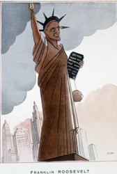 Karykatura Franklina Roosevelta w Statui Wolności – ilustracja Bernarda Becana (Bernharda Kahna) (1890-1943) W „”Fantasio””” od 01.12.1932