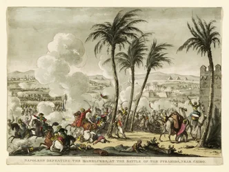 Napoleon pokonujący Mameluków w bitwie pod piramidami pod Kairem, rycina George Cruikshank (1769-1823), wyd. 1823 (grawerowanie ręcznie kolorowane)