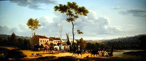 Podróżnicy na koniu w krajobrazie (olej na płótnie)