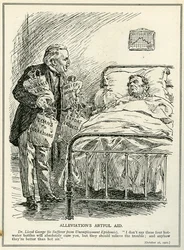 Dr Lloyd George proponuje wyleczyć poszkodowanego z epidemii bezrobocia czterema butelkami gorącej wody, „Opłatą ubezpieczeniową”, „Pracą pomocową”, „Pożyczką” i „Kredytami eksportowymi”