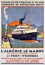 Plakat reklamowy francuskiej kolei jadącej do Algierii i Maroka z Francji przez Limoges, Tuluzę, Narbonne i Port Vendres ok. 1900 r.