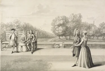 Figurki na brzegu Long Water, Pałac Hampton Court (szary wash długopisem i tuszem na ołówku na papierze)