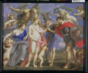 Mars Introduced by Minerva to Occasion, w towarzystwie Ceres, według obrazu Petera Paula Rubensa (1577-1640) (kolor ciała i guma na welinie owinięty wokół panelu)