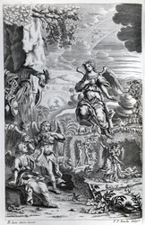 Archanioł Uriel informuje Gabriela, że Szatan jest w Ogrodzie Edenu, ilustracja z „Raju utraconego” Johna Miltona, rytowana przez P. P. Bouche, szóste wydanie, 1695
