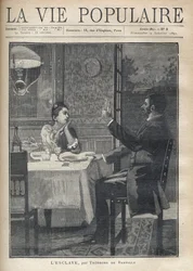 Kobieta z miłością i podziwem słucha przemówienia siedzącego przed nią mężczyzny na obiedzie jako para. Ilustracja B. Borione „Niewolnika” autorstwa Teodora de Banville (1823-1891). Rycina z 1891 roku w „La vie populaire”. Prywatne Col
