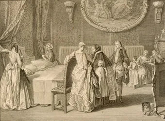 Błogosławieństwo łoża małżeńskiego, ilustracja z „Ceremonii i obyczajów religijnych”, 1724