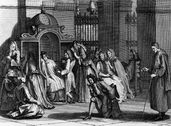 Wierne oczekiwanie przed konfesjonałem, rycina Bernarda Picarta (1673-1733) z Obrzędów i obyczajów religijnych wszystkich narodów świata