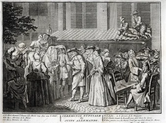Ślub żydowski w żydowskiej społeczności niemieckiej Grawer z „Illustration de ceremonies et custom religieuses de les peuples du monde” Bernarda Picarta (1723-1743) 1819 Ze zbiorów prywatnych