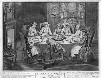 Judaizm: Święto Paschy (lub Pesach) w żydowskiej społeczności portugalskiej Rycina z „Illustration de ceremonies et custom religieuses de tous les peuples du monde” Bernarda Picarta (1723-1743) 1819 Kolekcja prywatna