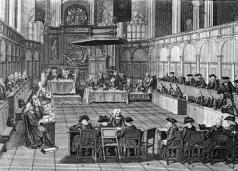 Synod protestancki w 1730 r. w Nieuwe Kerk (Nowy Kościół) w Amsterdamie, Holandia, rycina Bernard Picart (1673-1733)
