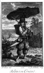 Reprezentacja Robinsona Crusoe na jego pustyni na wyspie. Grawer Bernarda Picarta (1673-1733) ilustrujący powieść Daniela Defoe lub De Foe (1660-1731)