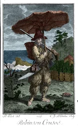 Reprezentacja Robinsona Crusoe na jego pustyni na wyspie. Grawer Bernarda Picarta (1673-1733) ilustrujący powieść Daniela Defoe lub De Foe (1660-1731)