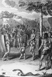 Rytualna ceremonia, z wężem na pierwszym planie, Gwinea, z Histoire Generale des Ceremonies, moeurs, et coutumes religiousness de tous les peuples du monde, autorstwa Antoine Banier (1673-1741) i Jean Baptiste Le Mascrier (1697-1760)