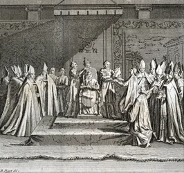 Uroczysta inauguracja pontyfikatu: „Przedstawienie koronacji papieża” (inauguracja papieska: koronacja papieża). Rycina z dzieła „Ilustracja ceremonii i zwyczajów religijnych wszystkich ludów świata” Bernarda Picarta (1723-1743).