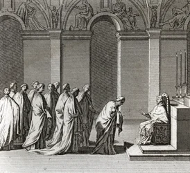 Uroczysta Inauguracja Pontyfikatu: „Adoracja Papieża w Kaplicy Sykstyńskiej” (Inauguracja Papieska: Kult Papieża w Kaplicy Sykstyńskiej) Rycina z „Ilustracji ceremonii i zwyczajów religijnych wszystkich narodów świata””