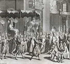Uroczysta inauguracja pontyfikatu: palenie płótna) Rycina z „Illustration de ceremonies et custom religieuses de tous les peuples du monde” Bernarda Picarta (1723-1743) 1819 Kolekcja prywatna
