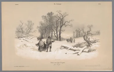 Rodzina zbiera drewno na śniegu Wizerunki życia na wsi (tytuł serii) Kampania. Etudes varieés aux deux Kredki (tytuł serii na obiekcie)