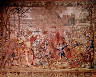 Polowania Maksymiliena zwane „Pięknymi polowaniami Guise”: miesiąc styczeń, Wodnik, polowanie na dziki, flambee, cure - Gobelin wykonany w warsztatach flamandzkich przez Bernarda van Orleya (Barend, Barent, Bernaert van Brussel