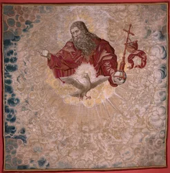 Flamandzki gobelin. Seria Dais Karola V (Baldachin Małgorzaty Austrii). Bóg Ojciec i Duch Święty (El Padre Eterno y el Espíritu Santo). Baldachim gobelinowy na podwyższeniu. Model Bernard van Orley (1491-1542). Wytwórnia Pieter de Pannemaker,